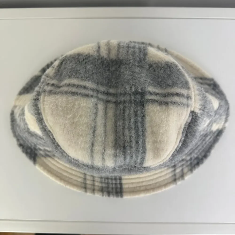 Madewell Womens Soft Sherpa Canvas Cozy Plaid Dusk Beige/Grey Bucket Hat M/L
